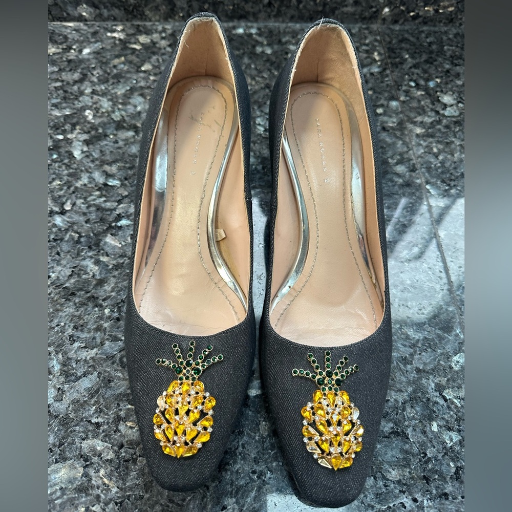 ZARA Embellished Jeweled Pineapple Denim Block Heels Size 39 US Size 9